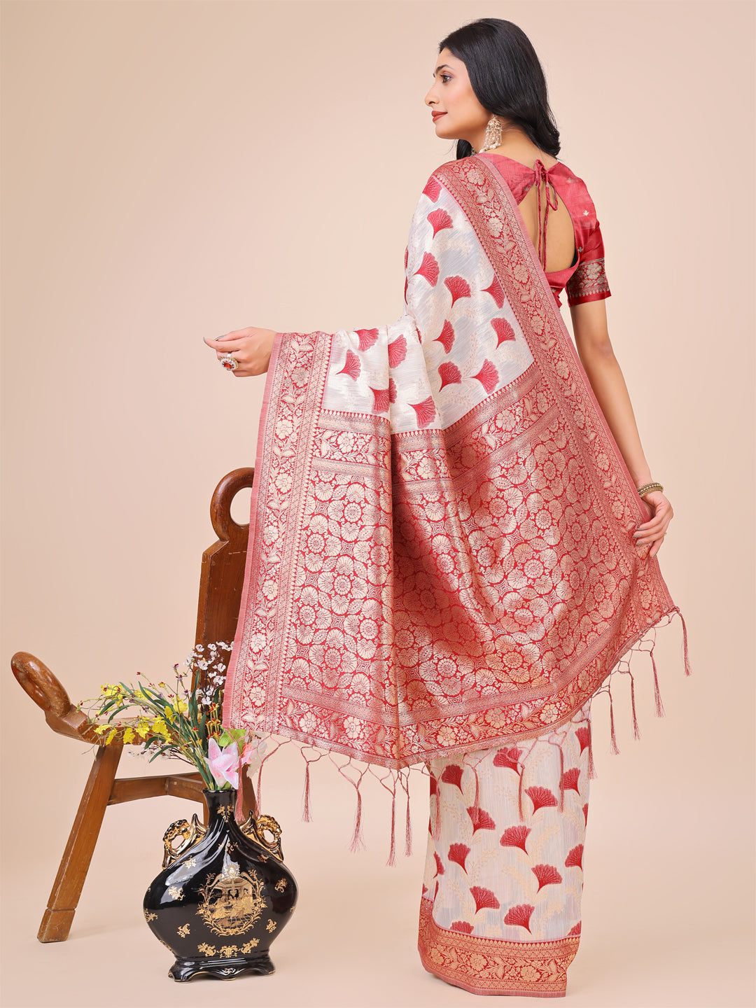 Off-White & Maroon Linen Cotton Saree with Zari Border