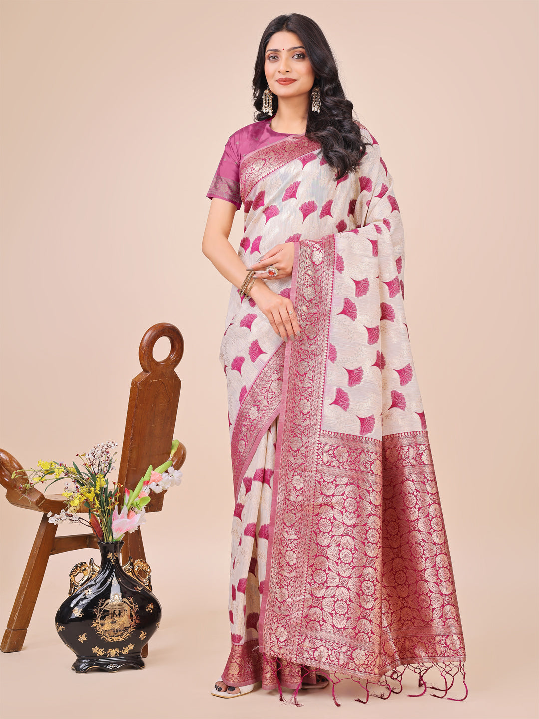Off-White and Magenta linen cotton saree with Zari woven border and pallu