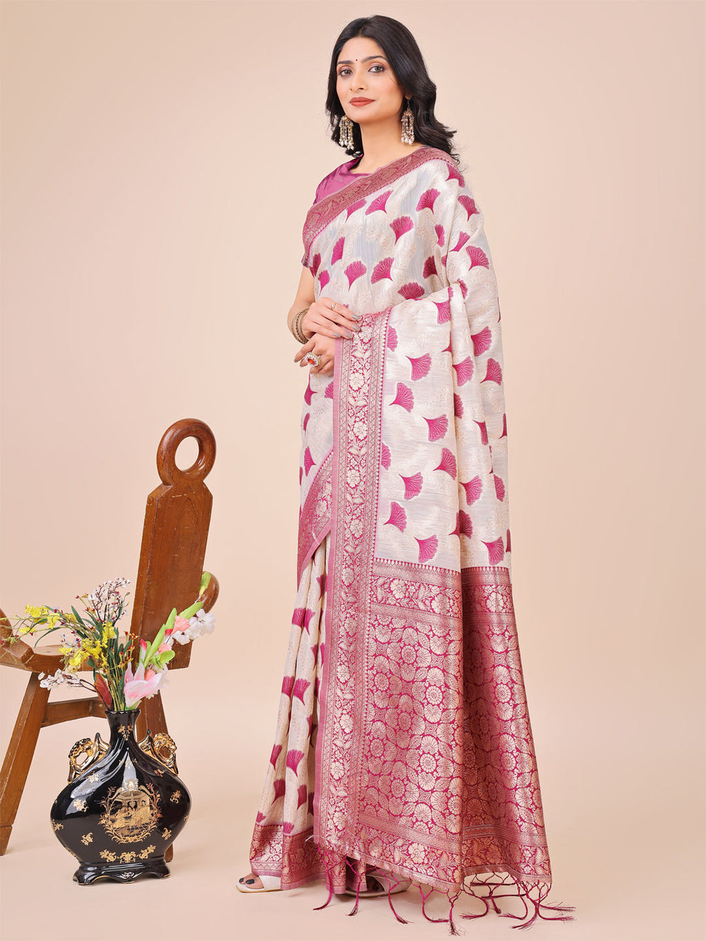 Off-White & Magenta Linen Cotton Saree with Zari Woven Border