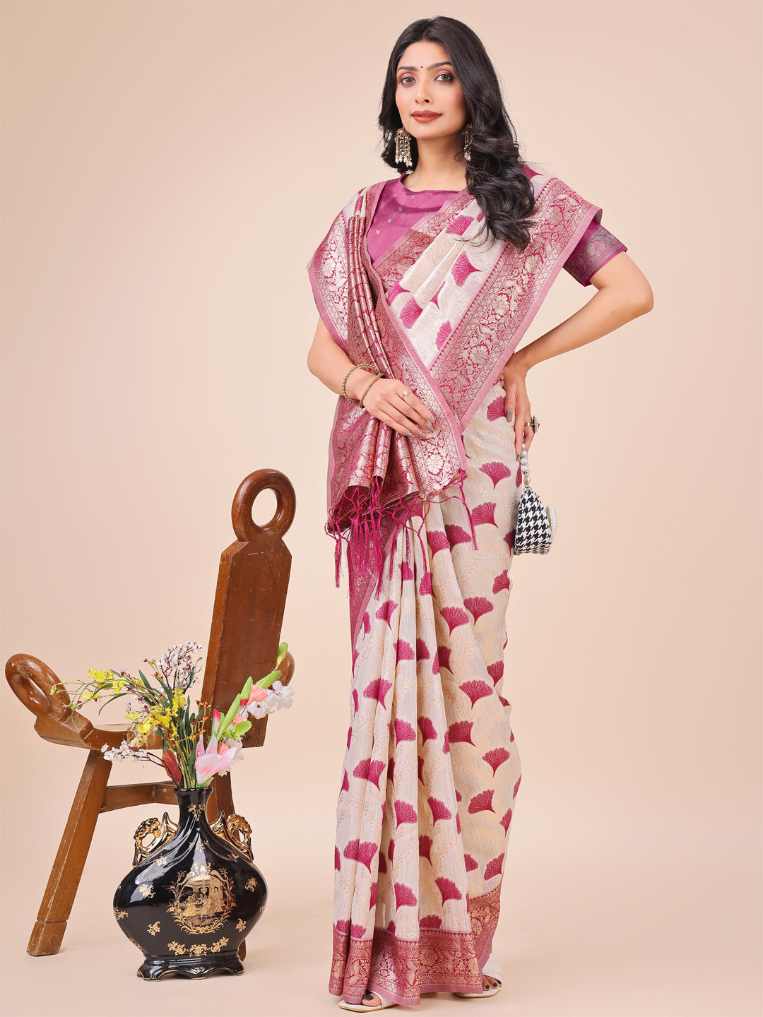 Off-White & Magenta Linen Cotton Saree with Zari Woven Border