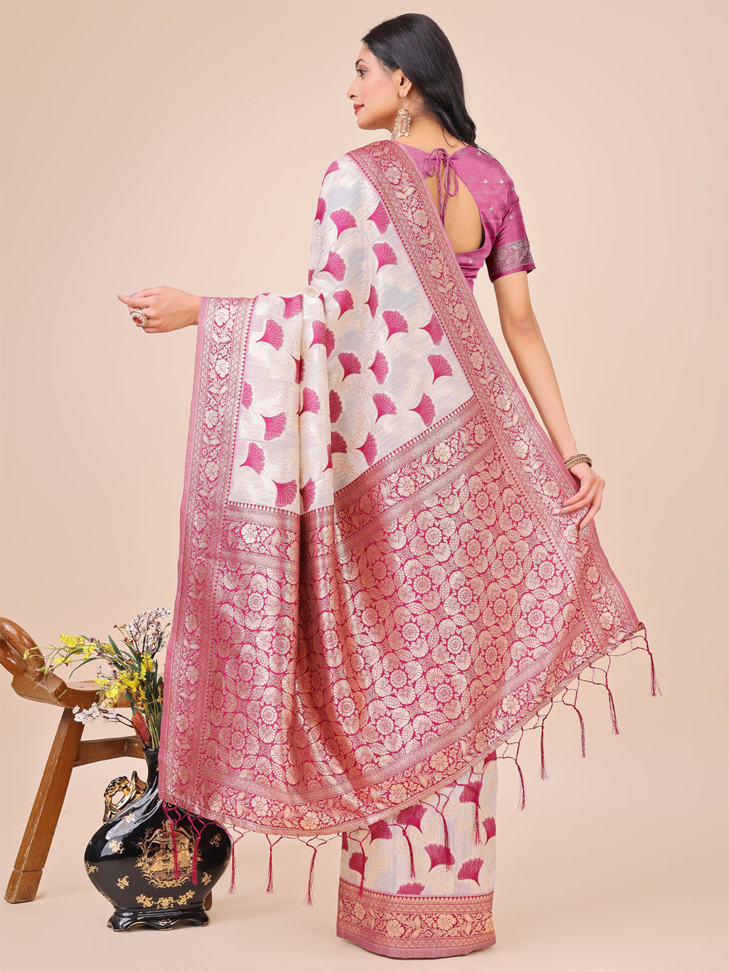 Off-White & Magenta Linen Cotton Saree with Zari Woven Border