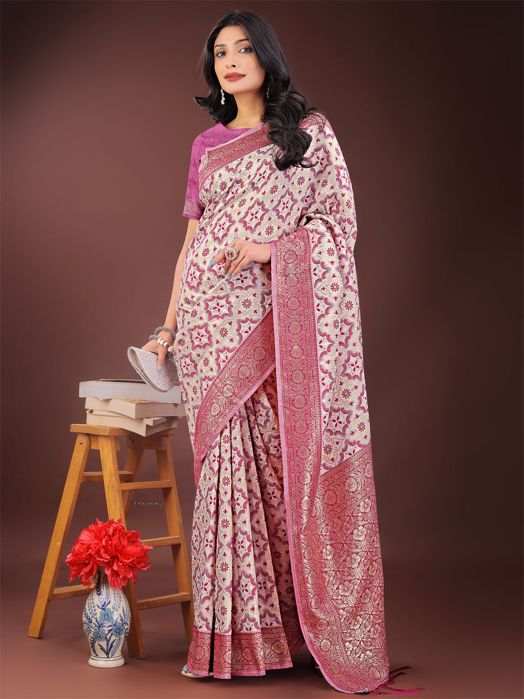 Pink Linen Saree with Rich Woven Zari Floral Motifs