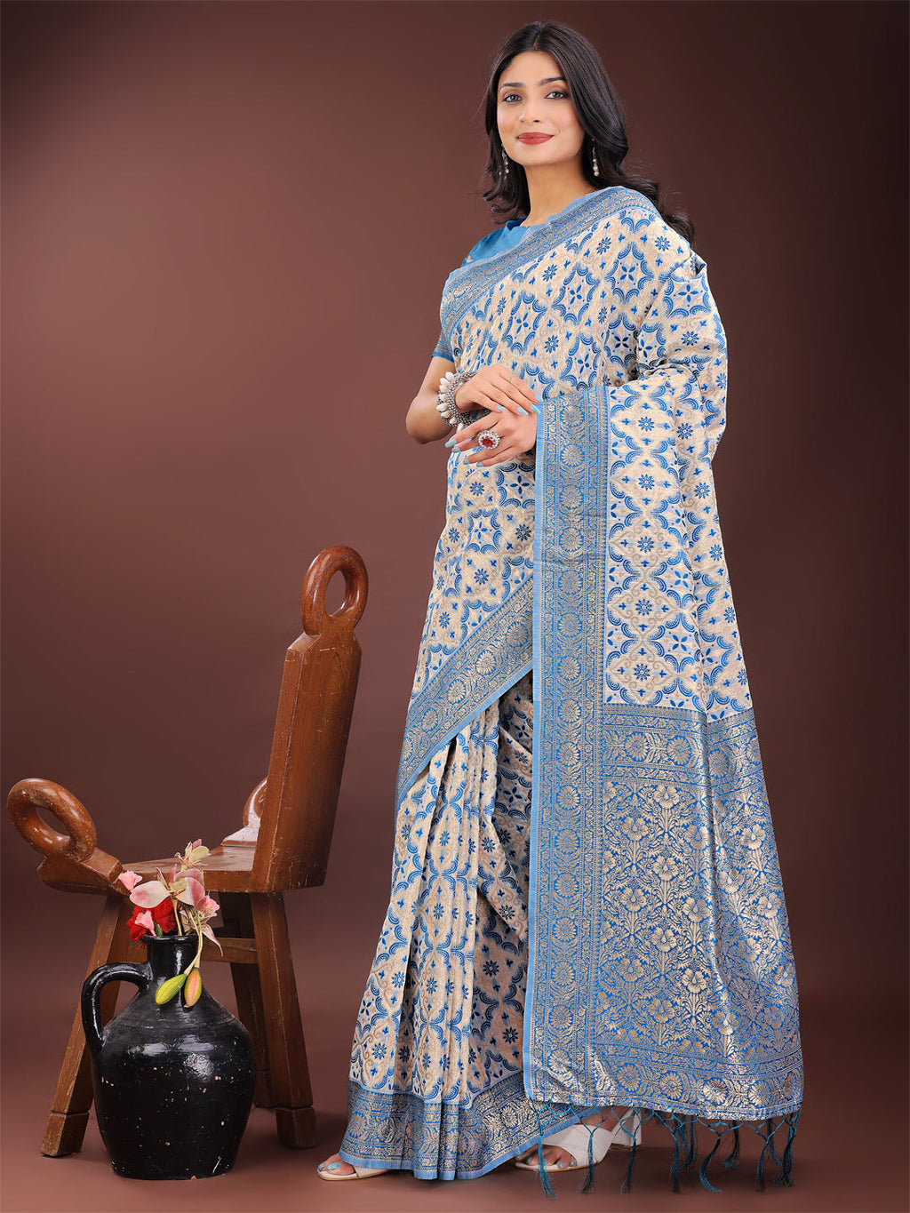 Sky Blue Linen Saree with Zari Work - Festive & Office Wear
