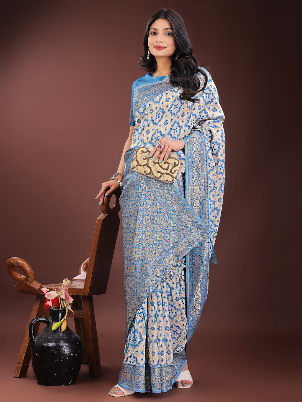 Sky Blue Linen Saree with Zari Work - Festive & Office Wear