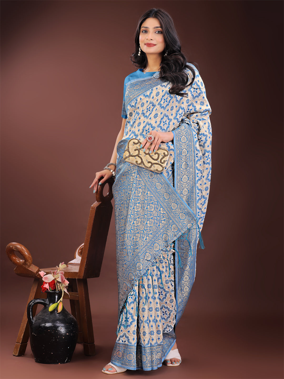 Sky Blue Linen Saree with Zari Work - Festive & Office Wear