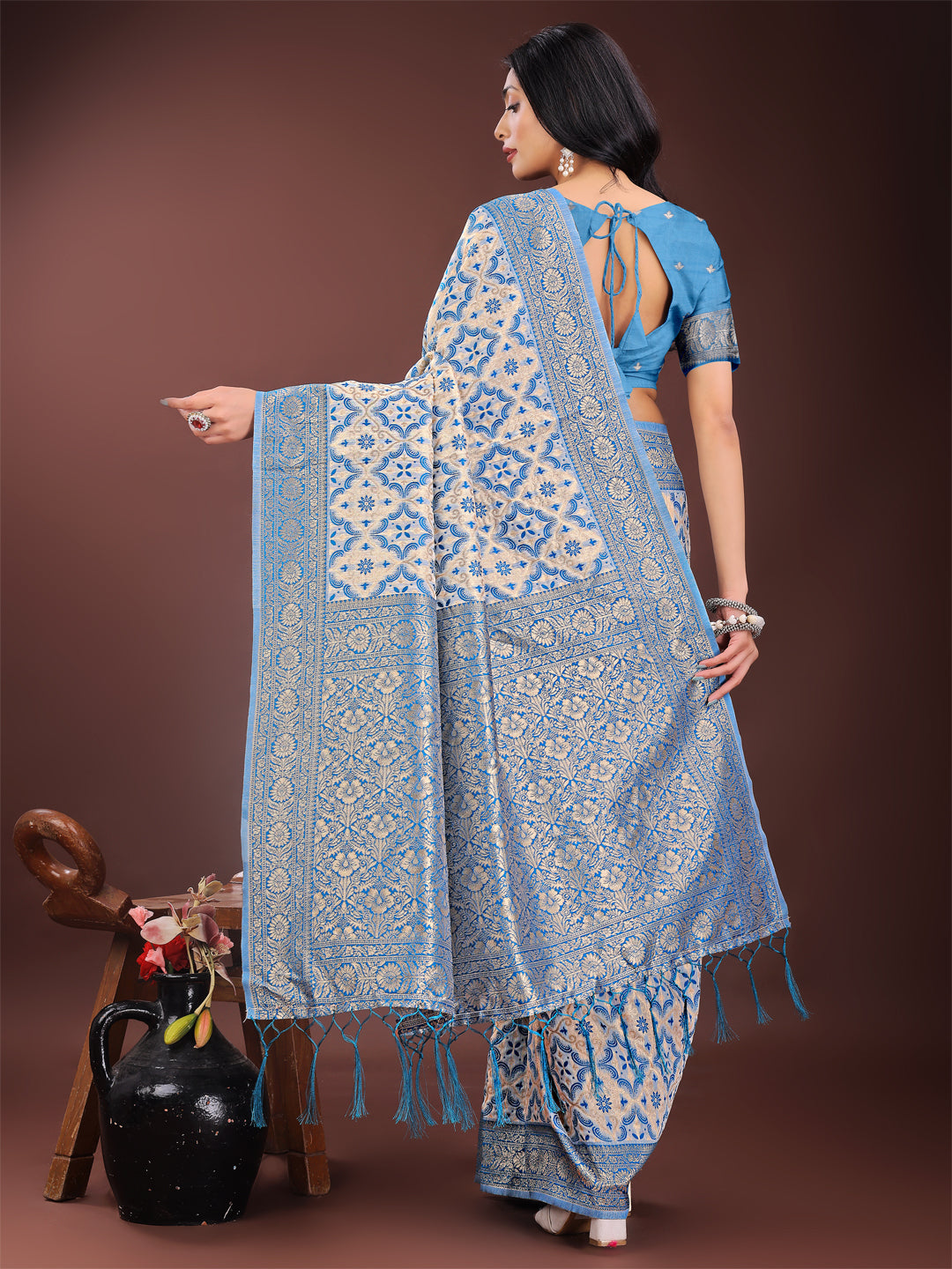 Sky Blue Linen Saree with Zari Work - Festive & Office Wear