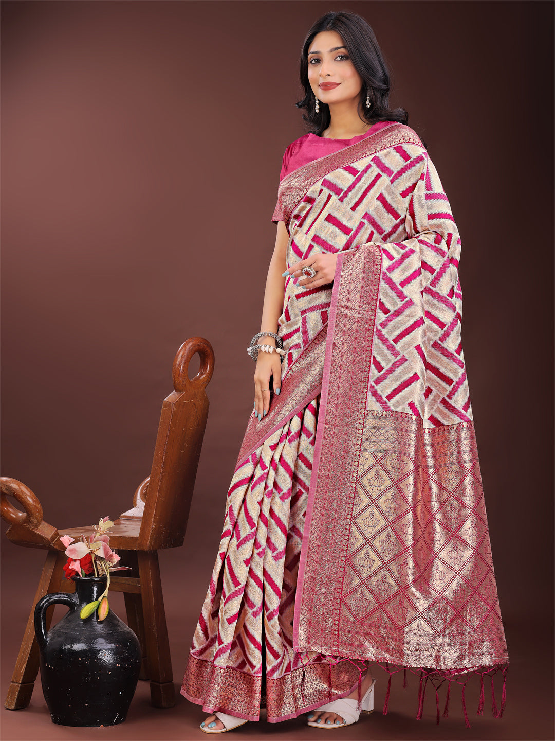 Pink & Cream Linen Saree with Geometric Design and Zari Border