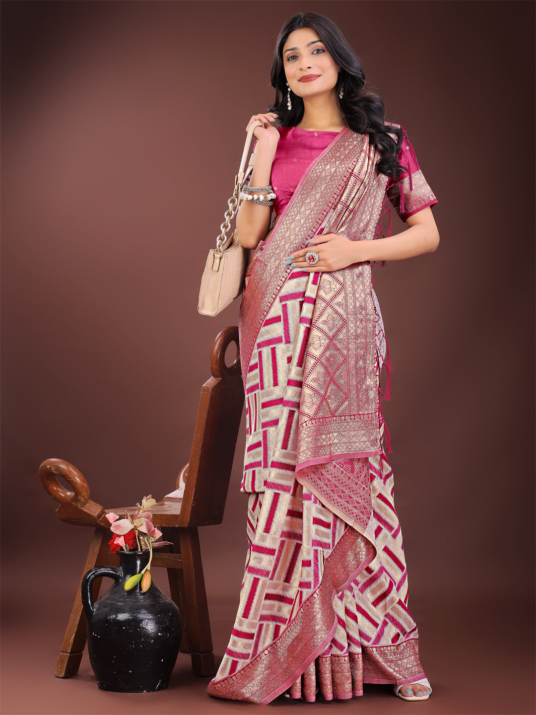 Pink & Cream Linen Saree with Geometric Design and Zari Border