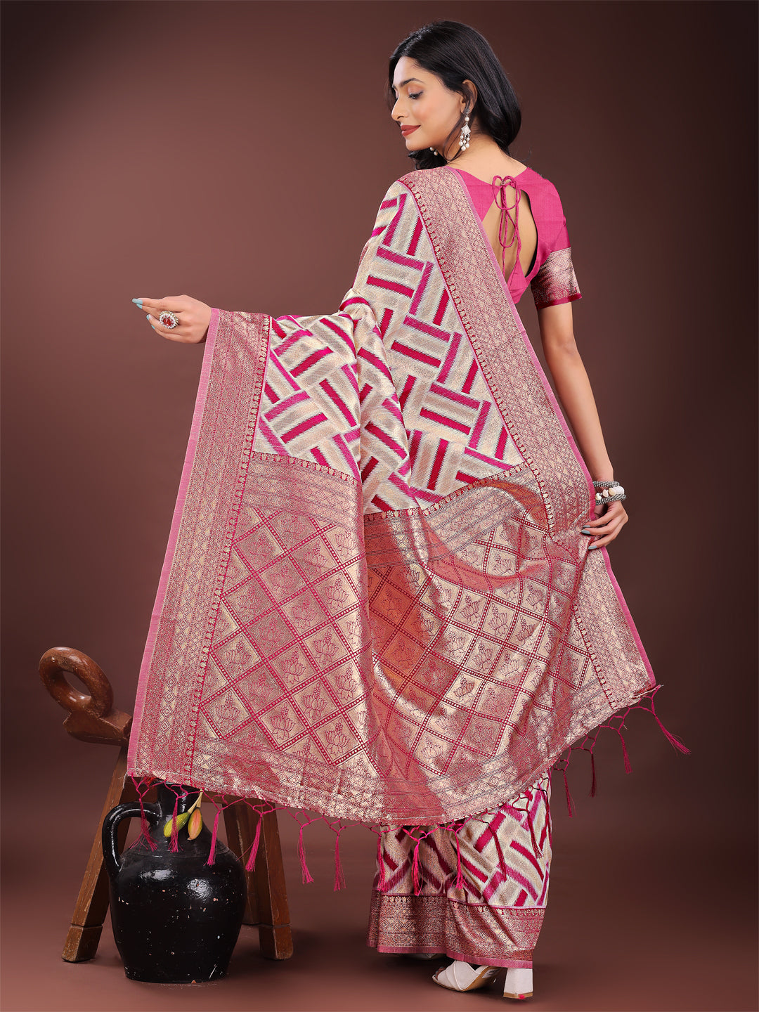 Pink & Cream Linen Saree with Geometric Design and Zari Border