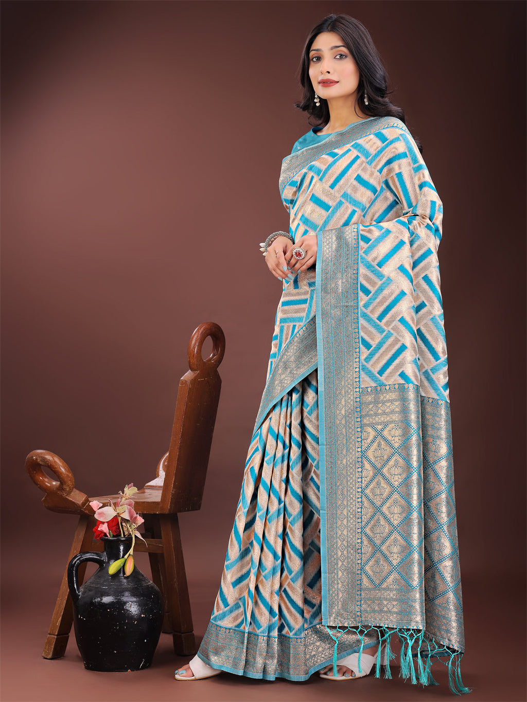Sea Green & Cream Linen Saree with Geometric Zari Border