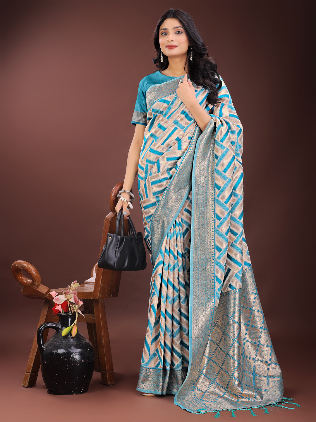 Sea Green & Cream Linen Saree with Geometric Zari Border