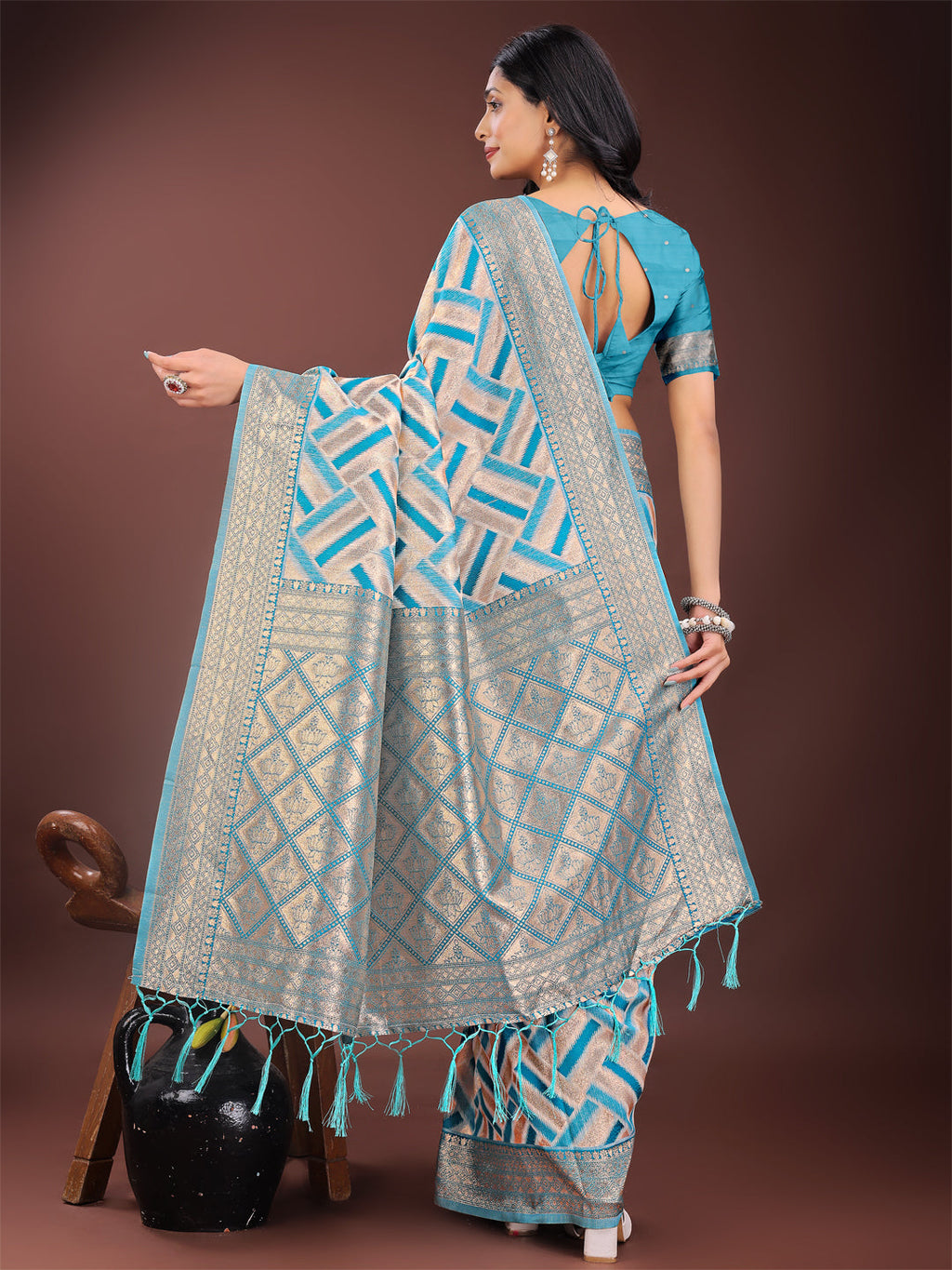Sea Green & Cream Linen Saree with Geometric Zari Border