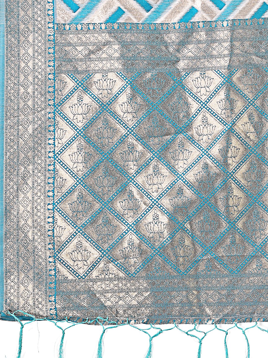 Sea Green & Cream Linen Saree with Geometric Zari Border