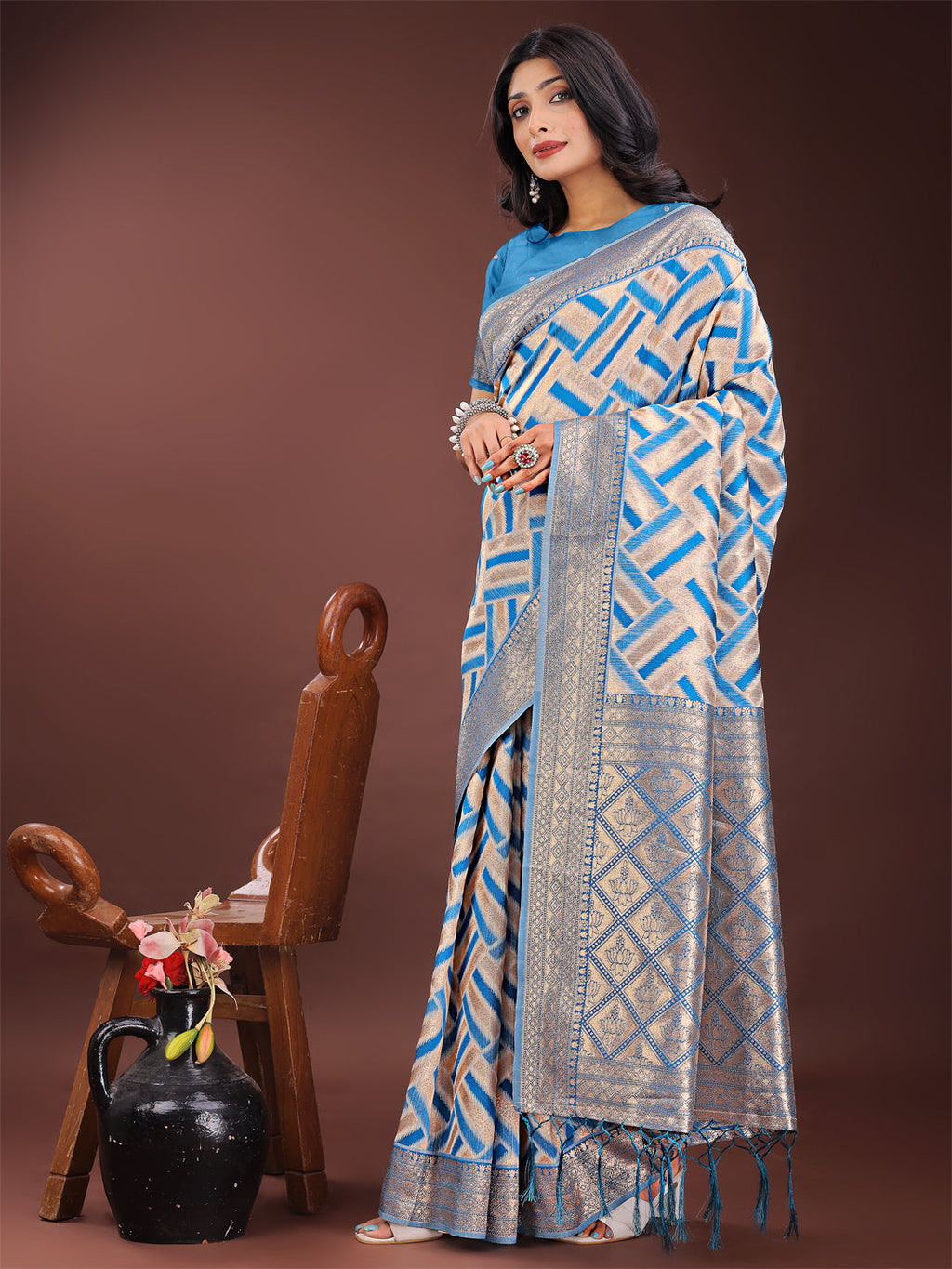 Sky Blue & Cream Linen Saree with Zari Border - Party Wear