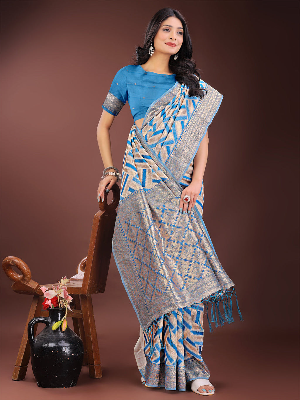 Sky Blue & Cream Linen Saree with Zari Border - Party Wear