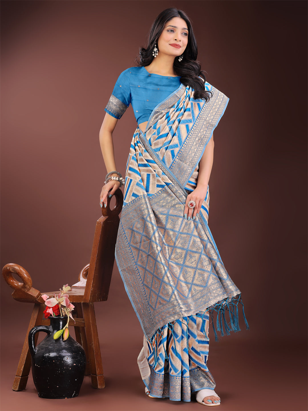 Sky Blue & Cream Linen Saree with Zari Border - Party Wear