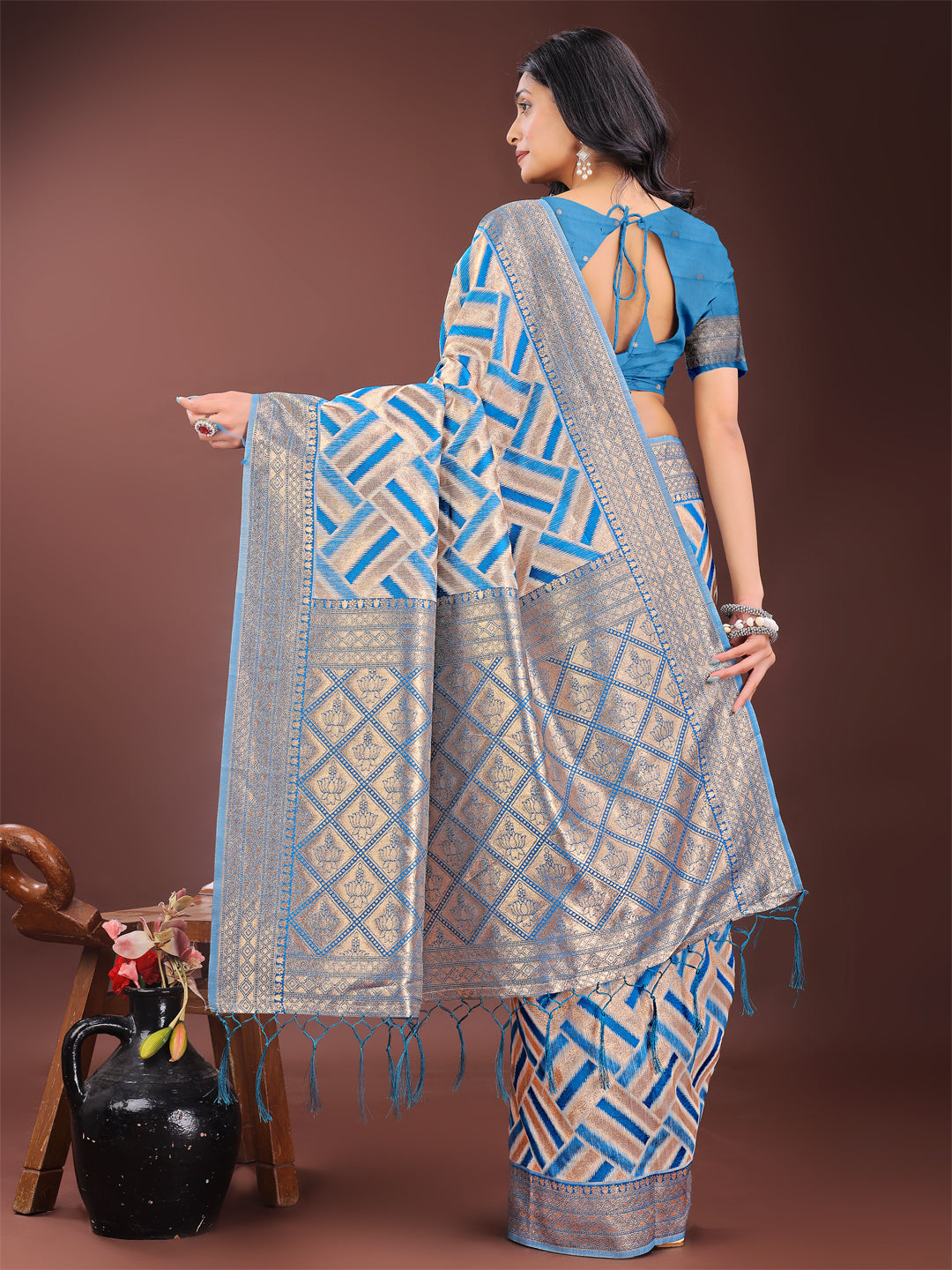 Sky Blue & Cream Linen Saree with Zari Border - Party Wear