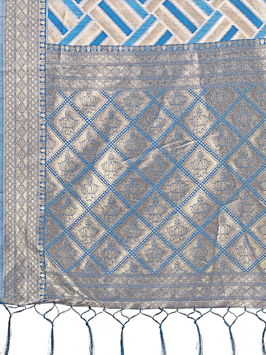 Sky Blue & Cream Linen Saree with Zari Border - Party Wear