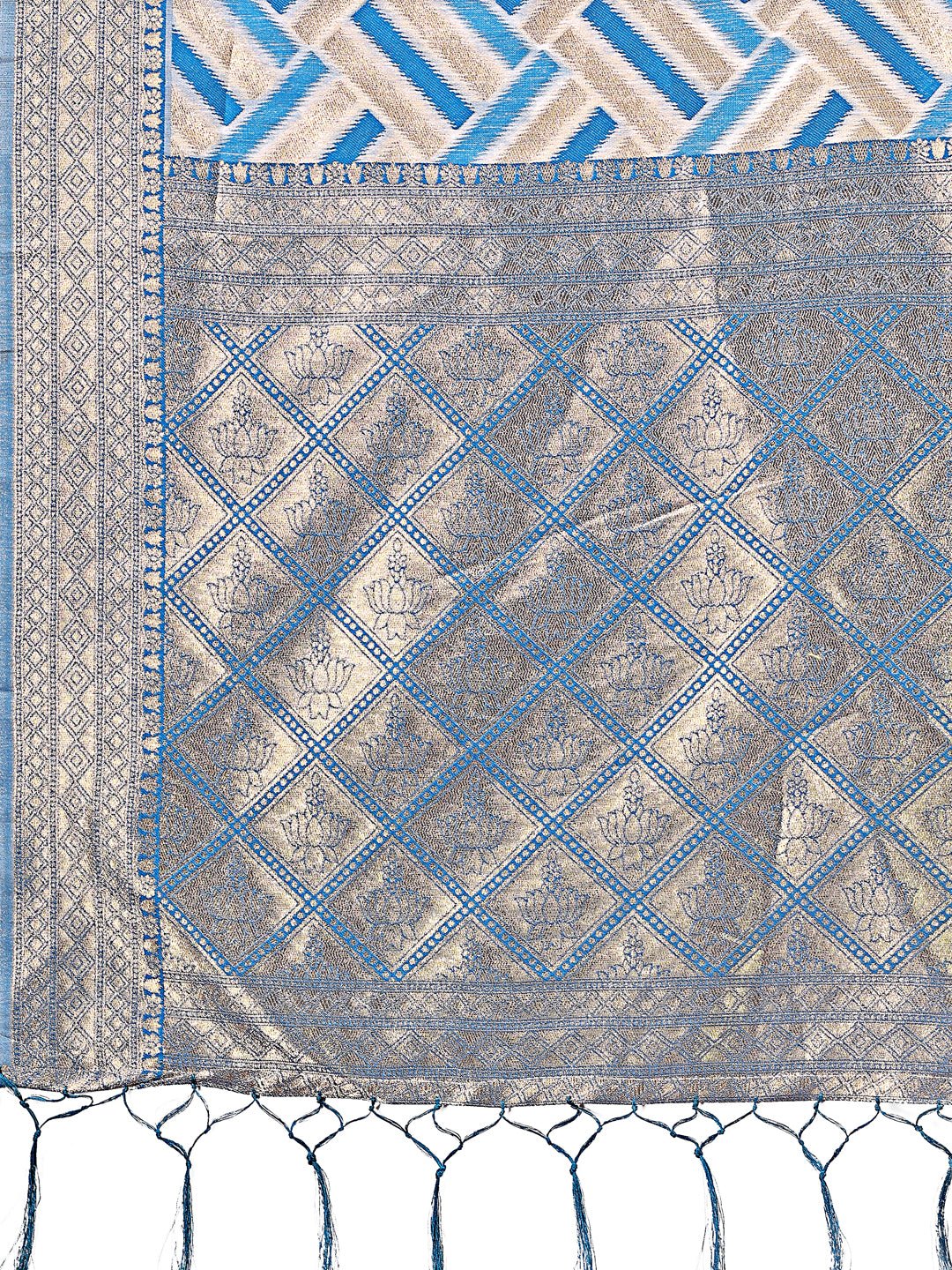 Sky Blue & Cream Linen Saree with Zari Border - Party Wear