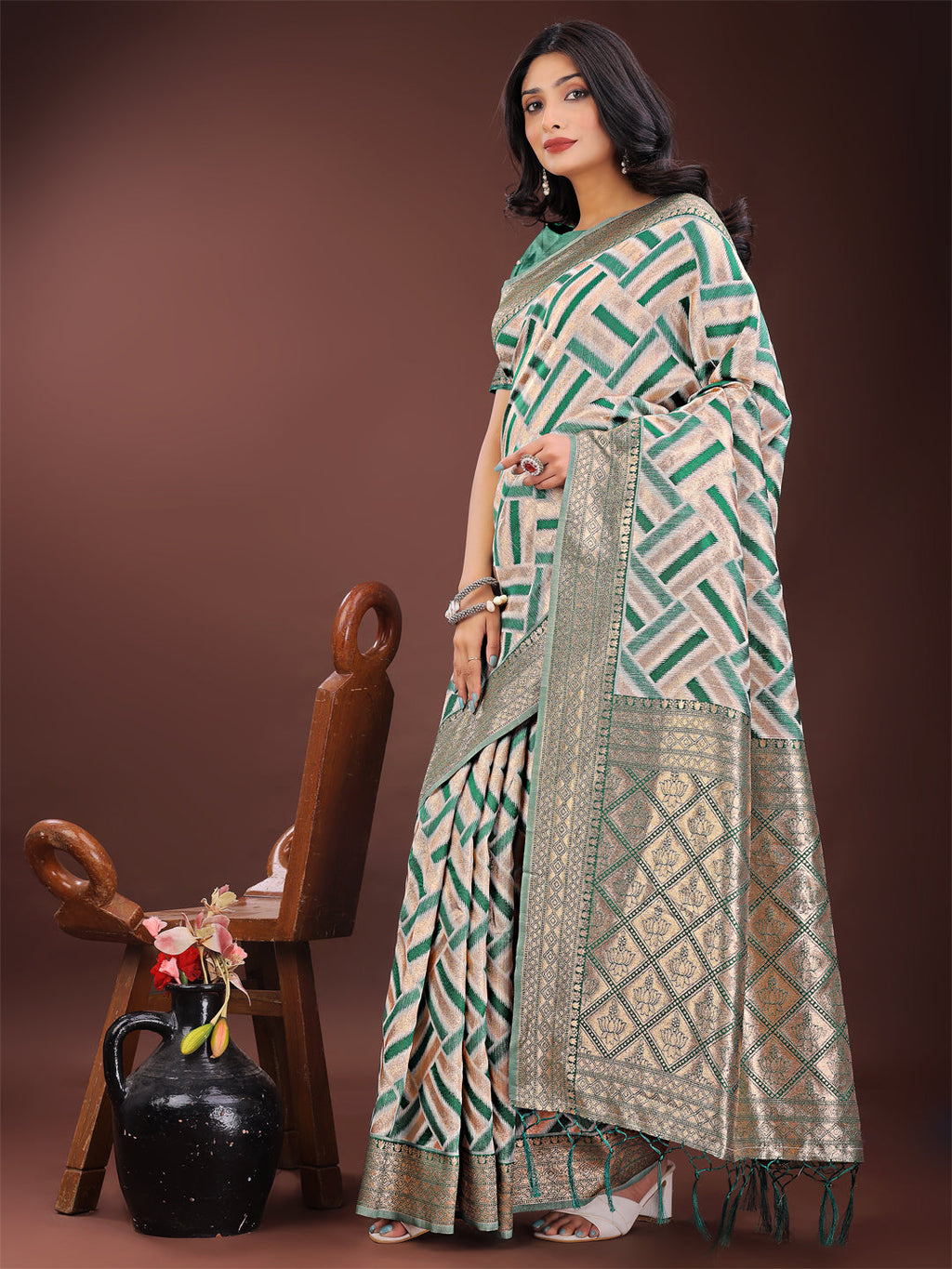 Green & Cream Linen Saree with Geometric Design & Zari Border