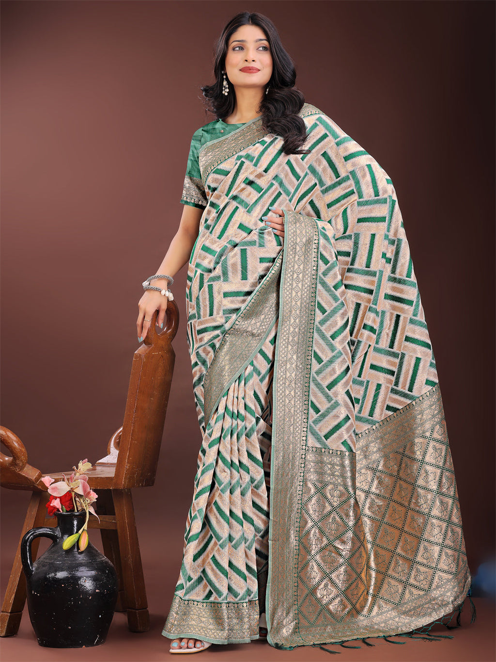 Green & Cream Linen Saree with Geometric Design & Zari Border