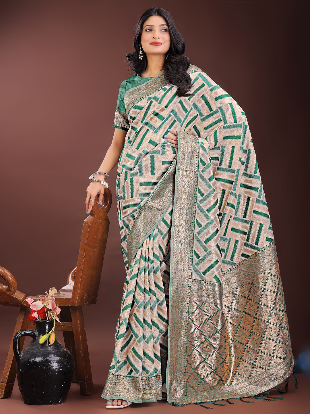 Green & Cream Linen Saree with Geometric Design & Zari Border