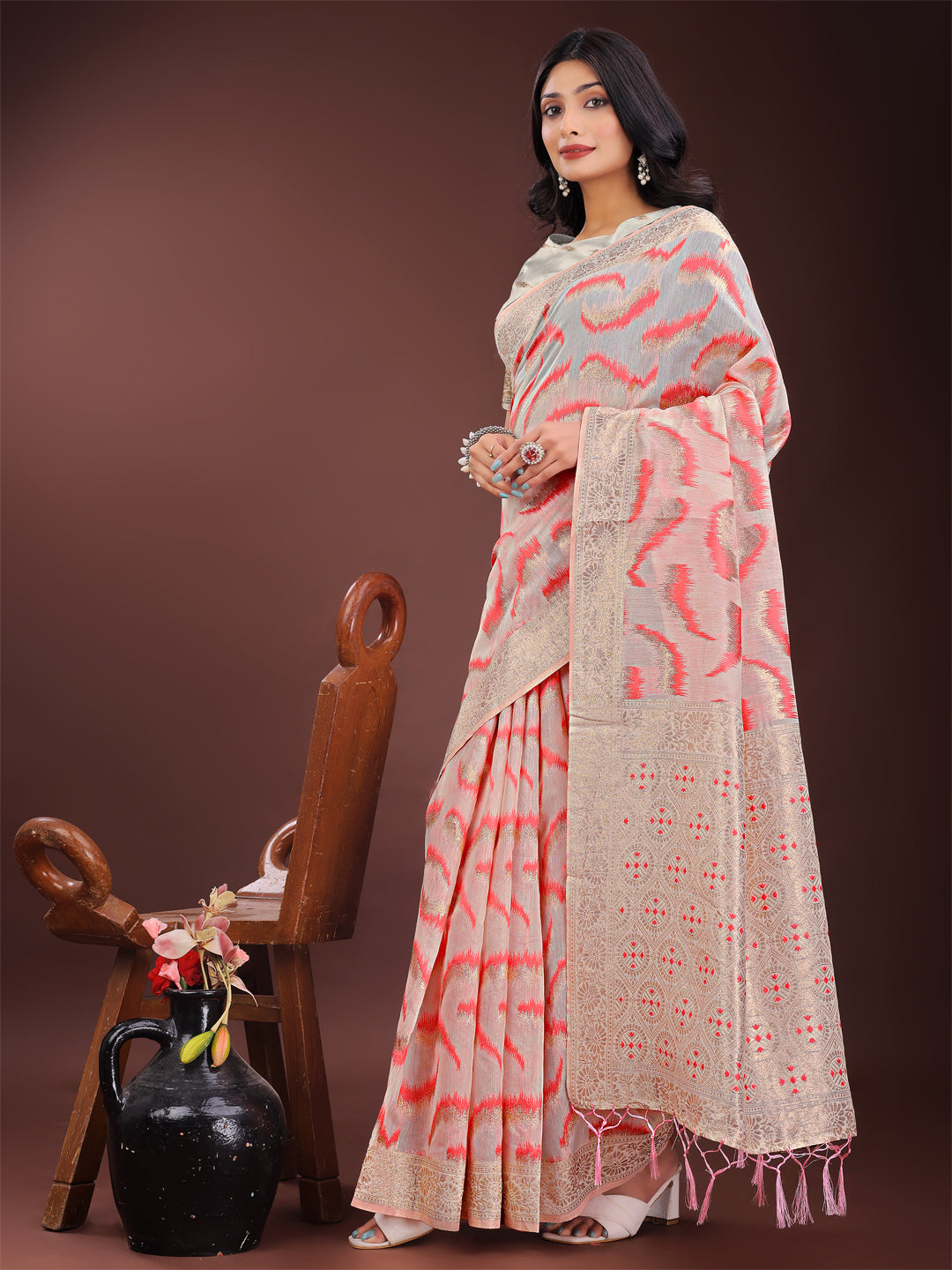 Elegant Beige & Coral Linen Saree with Zari Border
