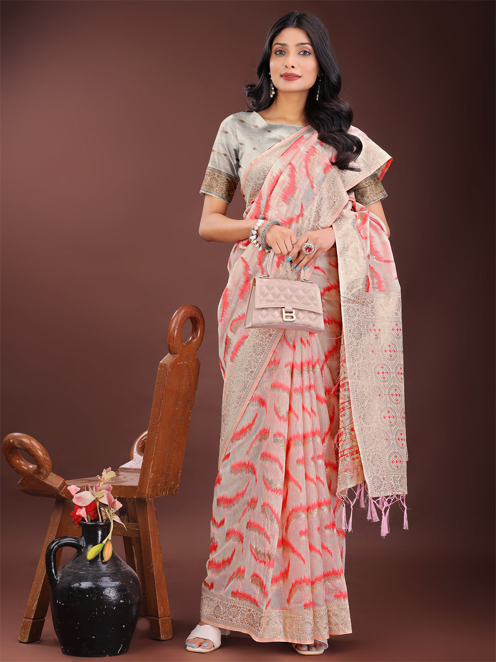 Elegant Beige & Coral Linen Saree with Zari Border