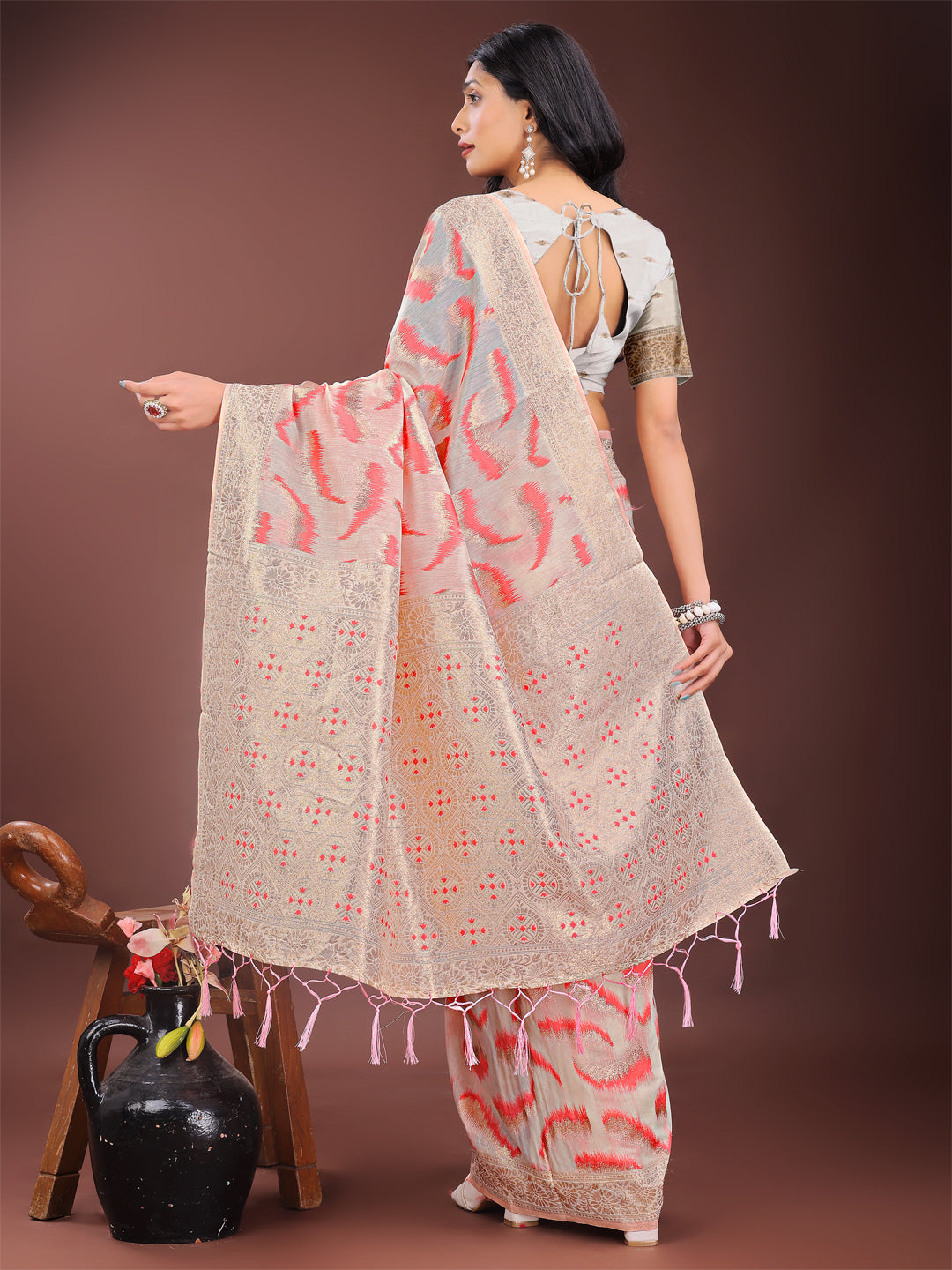 Elegant Beige & Coral Linen Saree with Zari Border