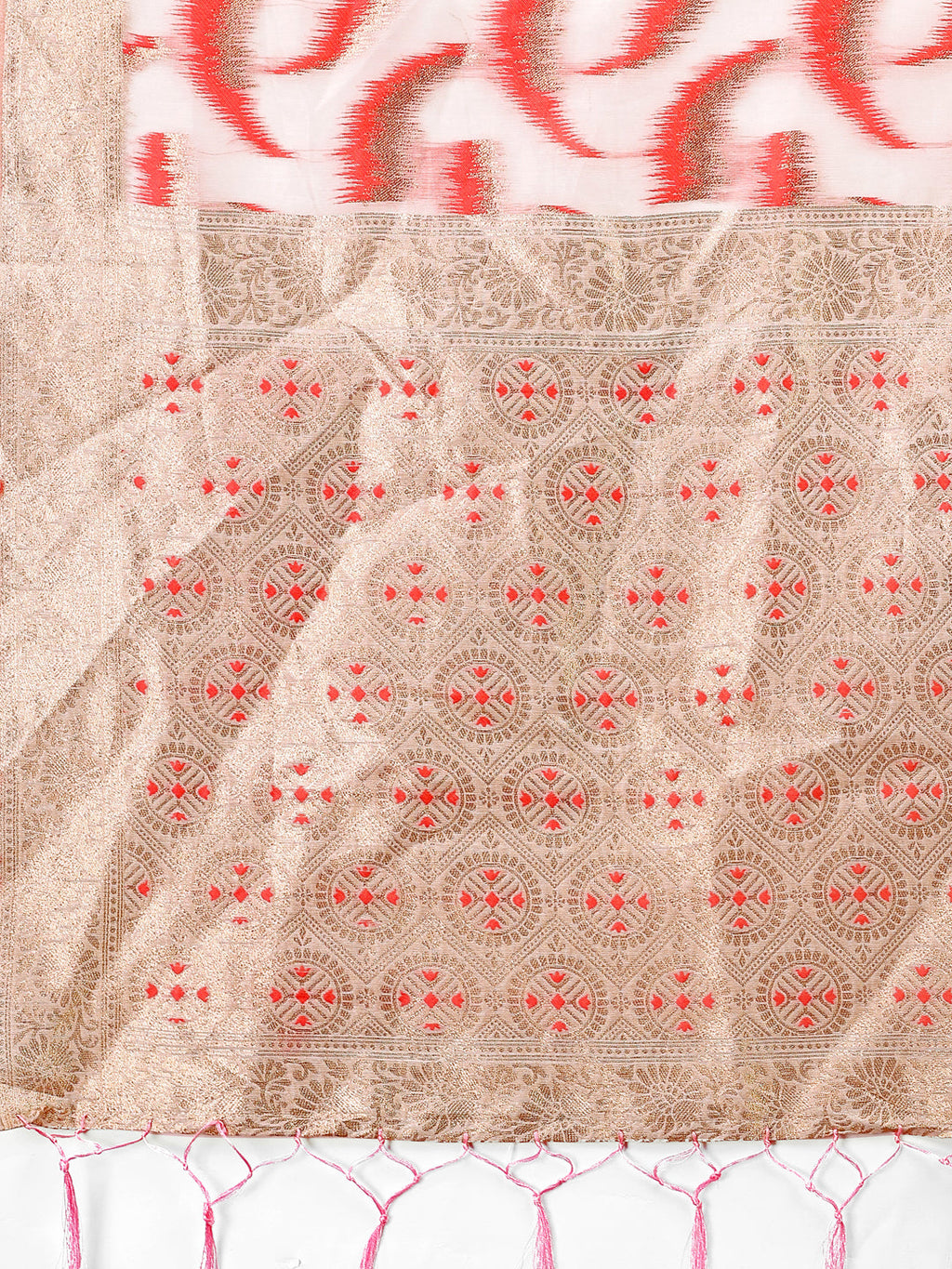 Elegant Beige & Coral Linen Saree with Zari Border