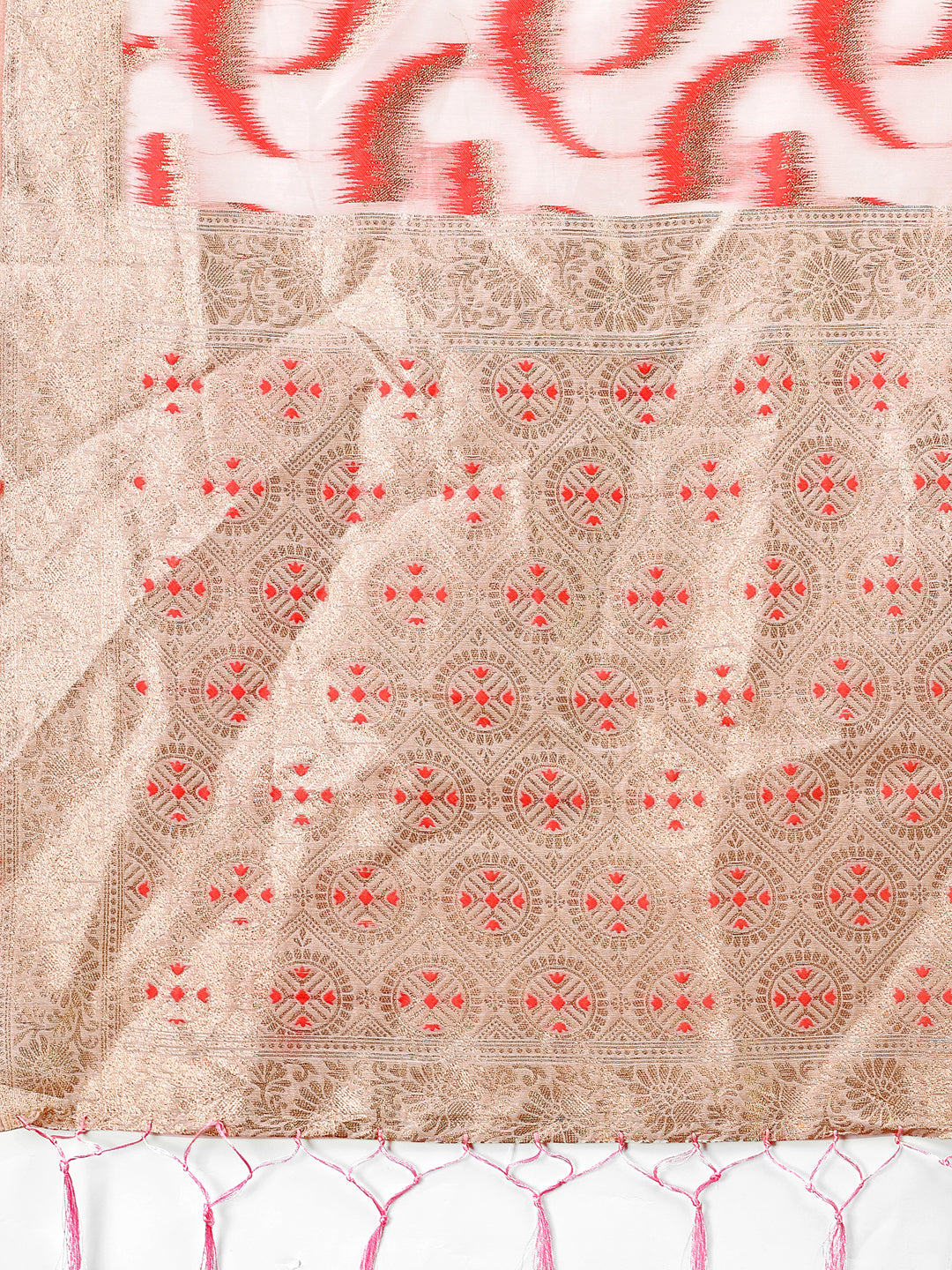 Elegant Beige & Coral Linen Saree with Zari Border