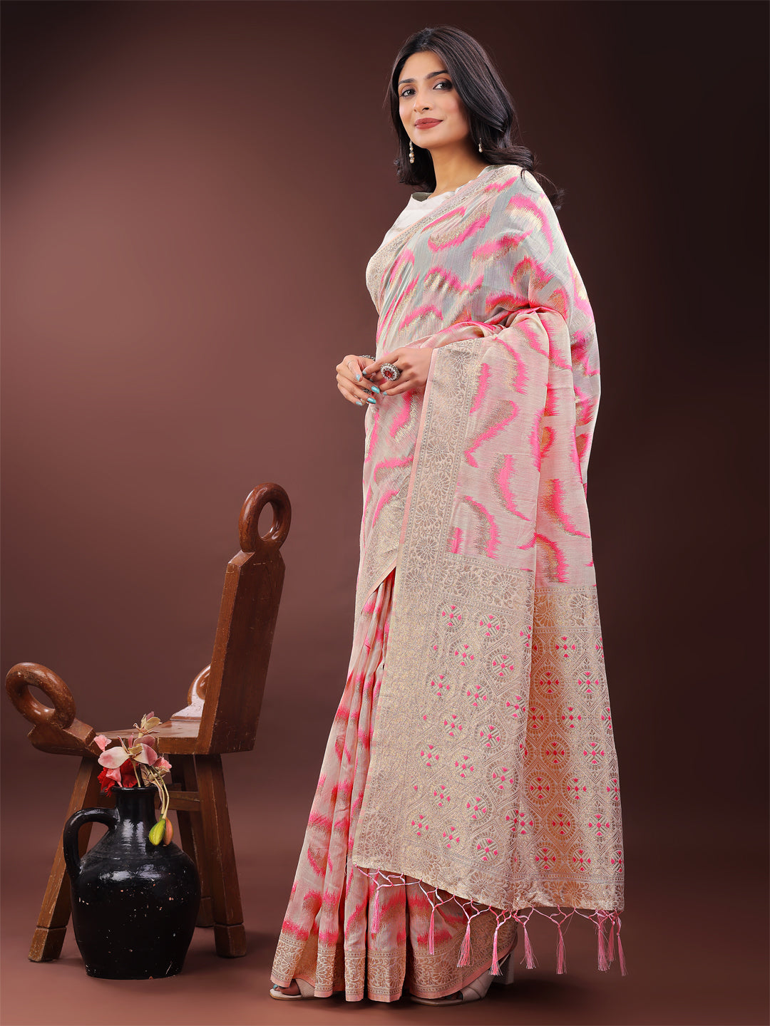 Elegant Beige & Coral Linen Saree with Zari Border