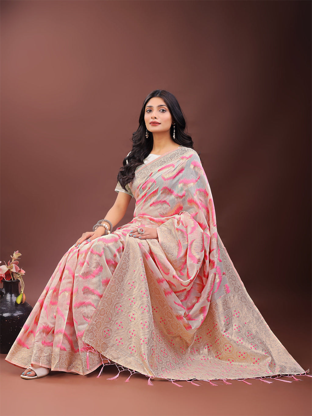 Elegant Beige & Coral Linen Saree with Zari Border