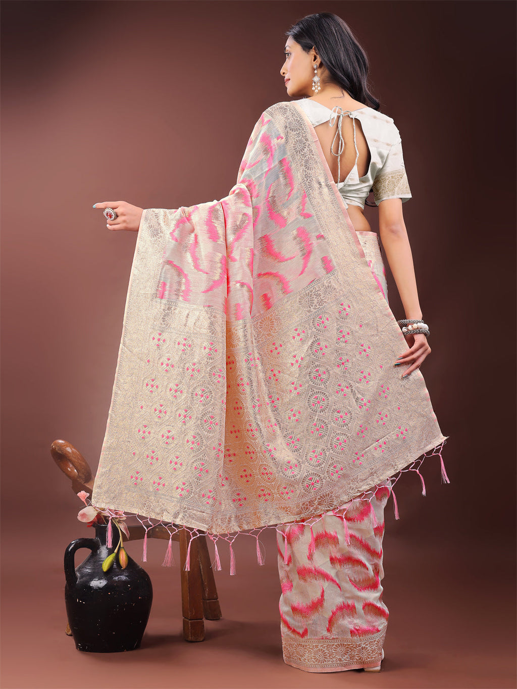 Elegant Beige & Coral Linen Saree with Zari Border