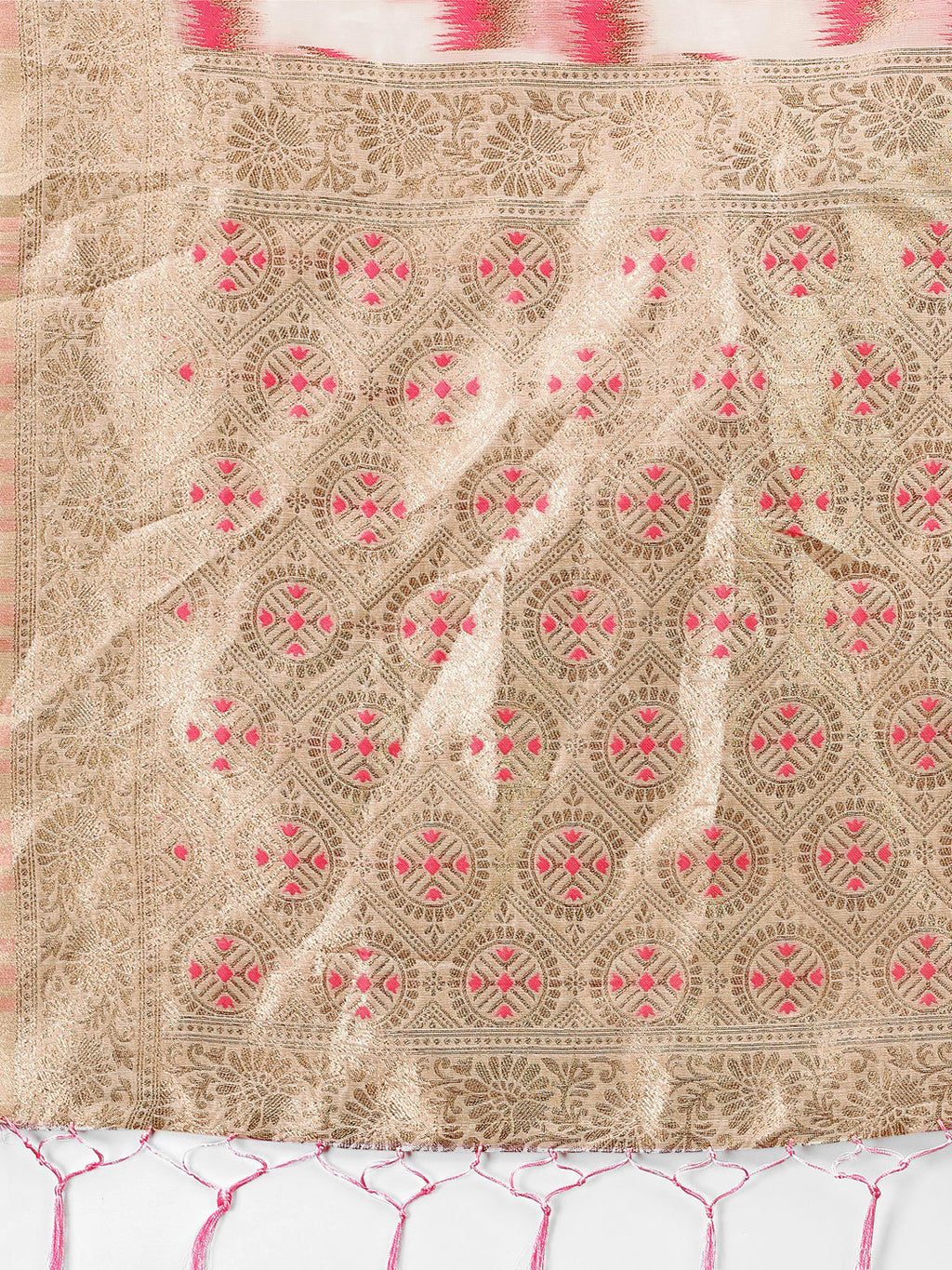 Elegant Beige & Coral Linen Saree with Zari Border