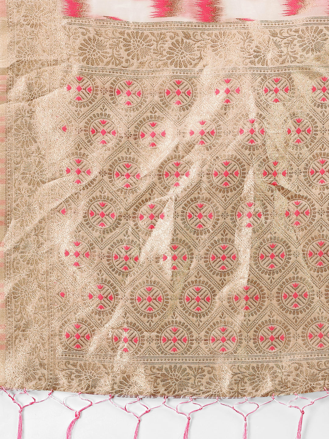 Elegant Beige & Coral Linen Saree with Zari Border