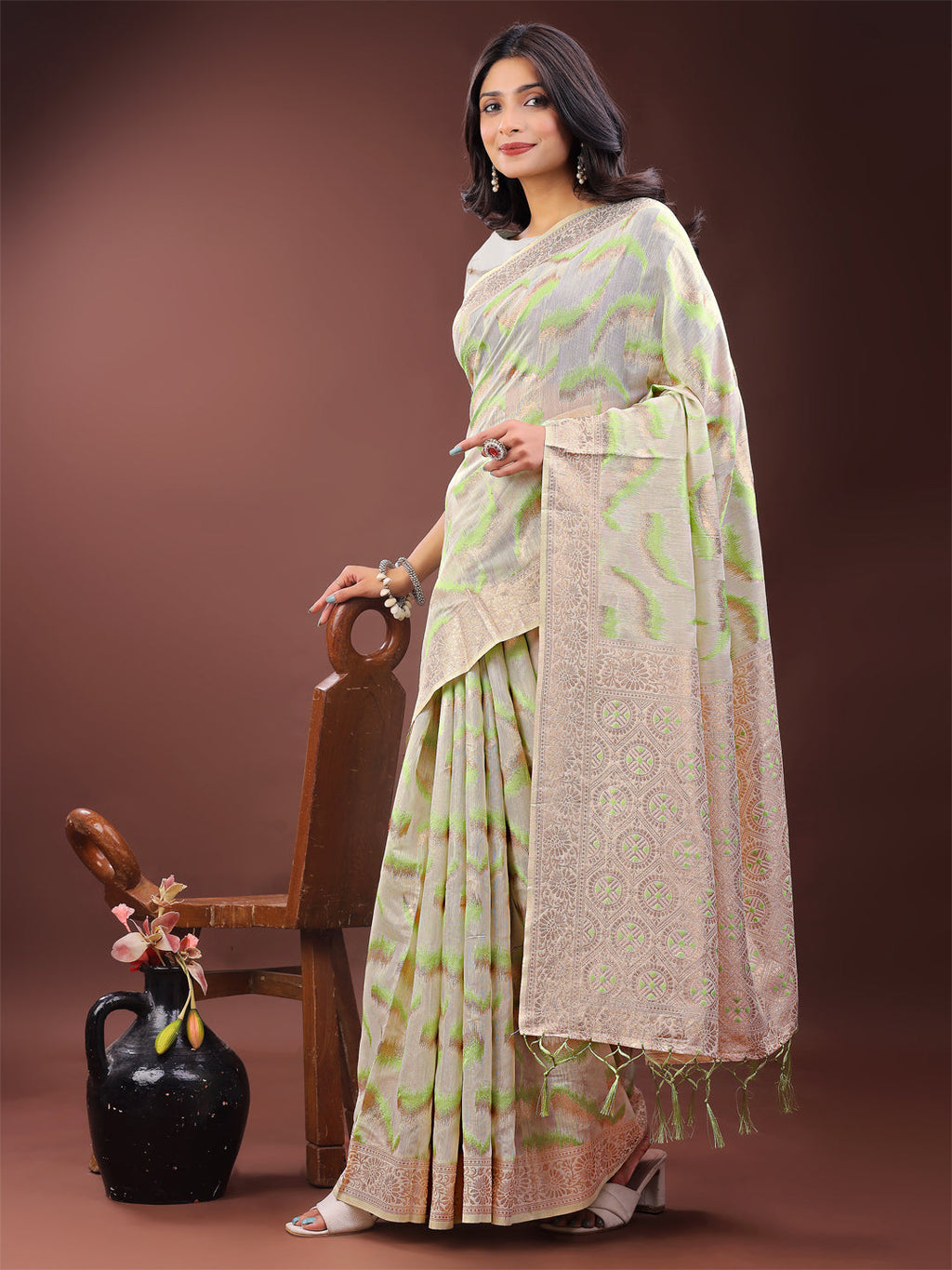 Beige & Coral Linen Saree with Zari Border and Abstract Print
