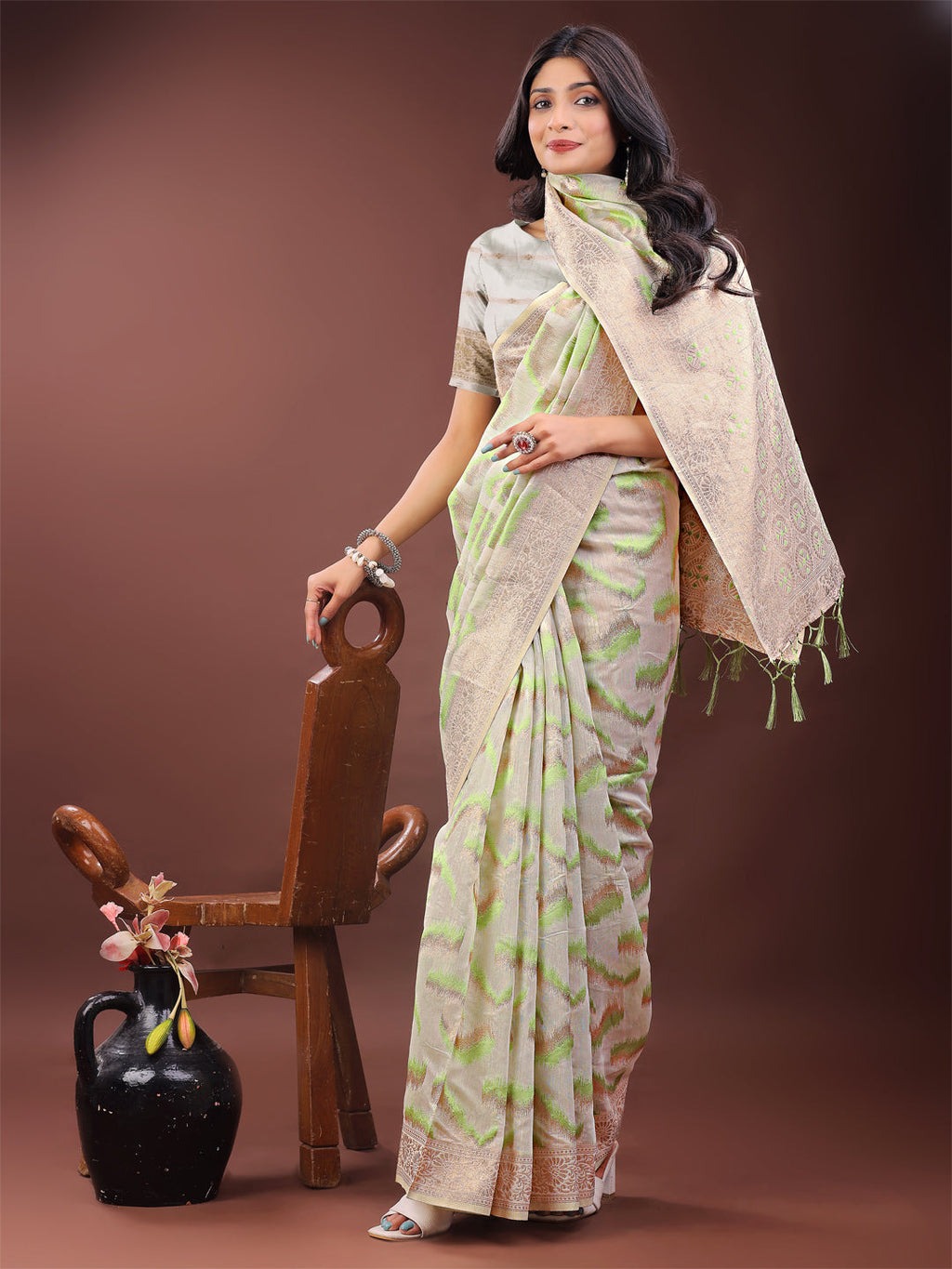 Beige & Coral Linen Saree with Zari Border and Abstract Print