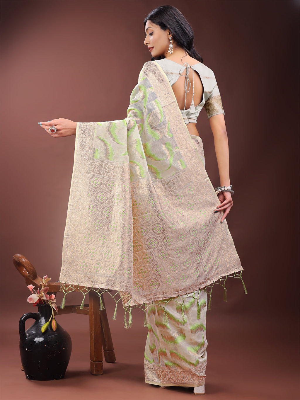 Beige & Coral Linen Saree with Zari Border and Abstract Print