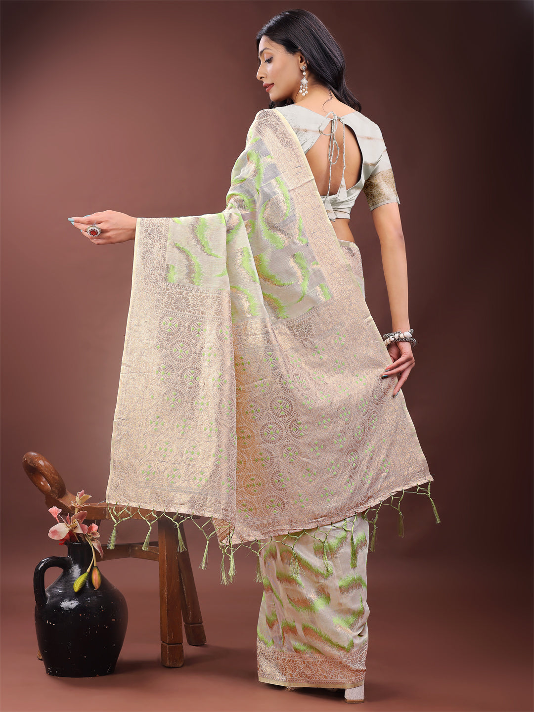 Beige & Coral Linen Saree with Zari Border and Abstract Print