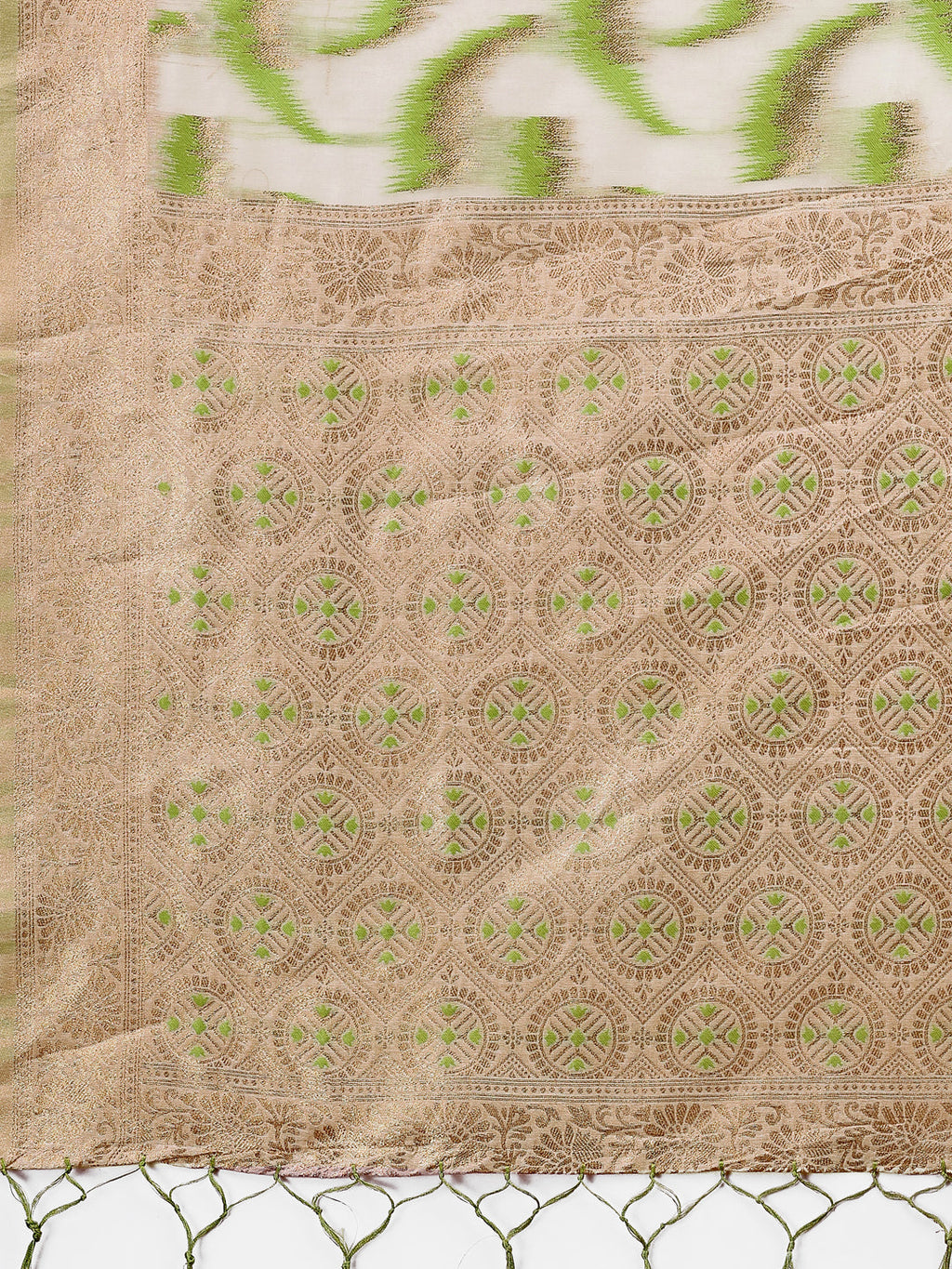 Beige & Coral Linen Saree with Zari Border and Abstract Print