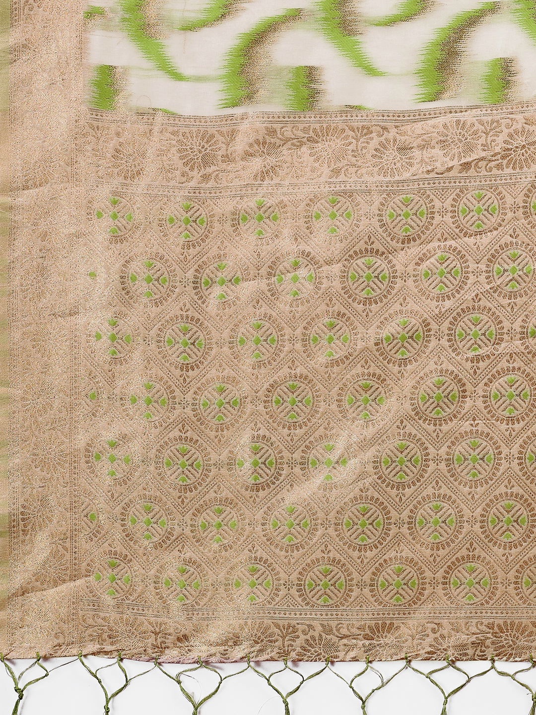 Beige & Coral Linen Saree with Zari Border and Abstract Print