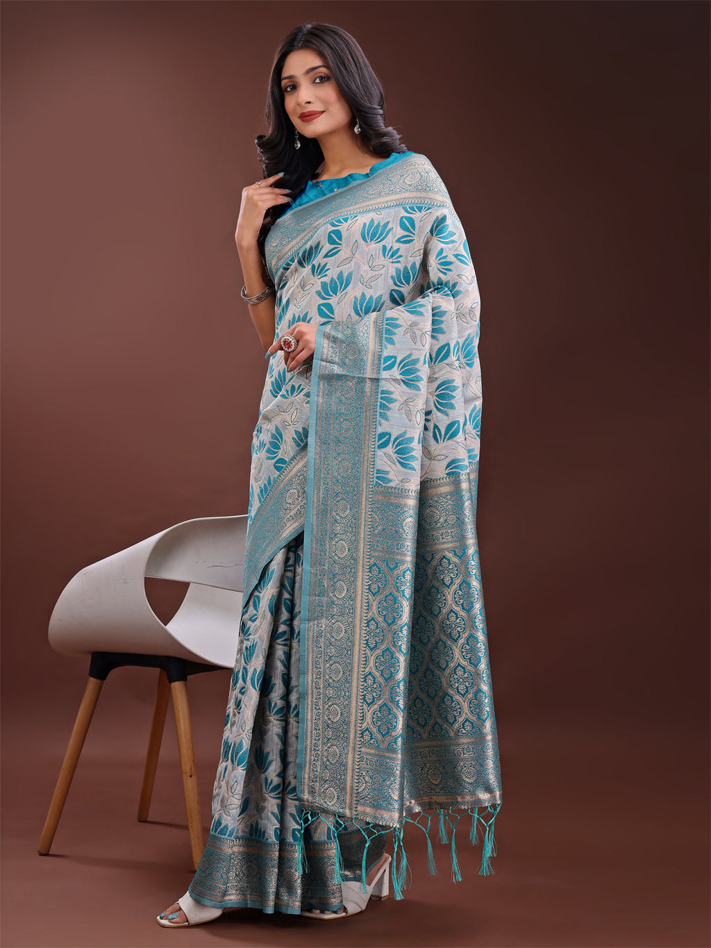 Beige & Sea Green Linen Saree with Floral Print & Zari