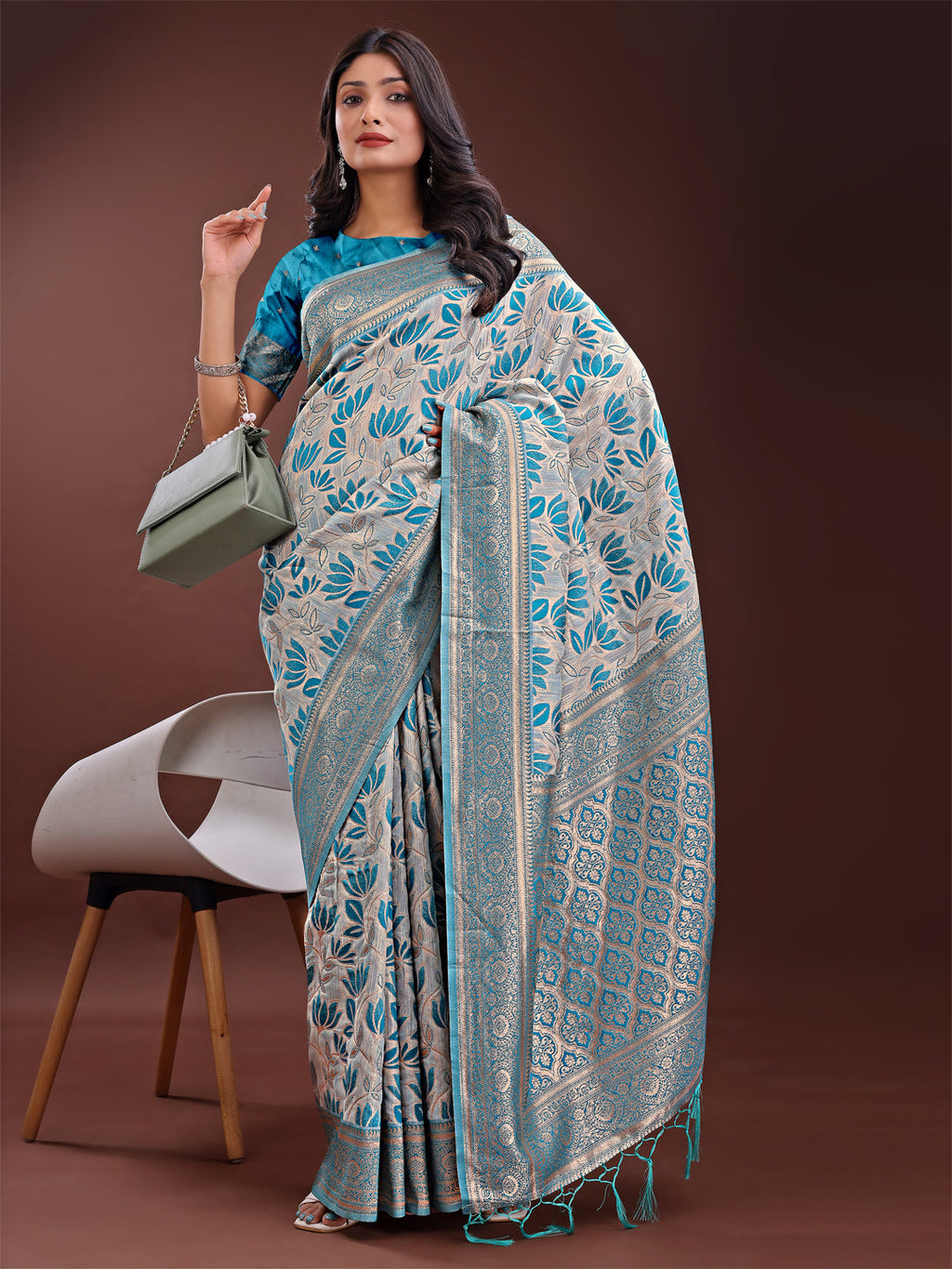 Beige & Sea Green Linen Saree with Floral Print & Zari