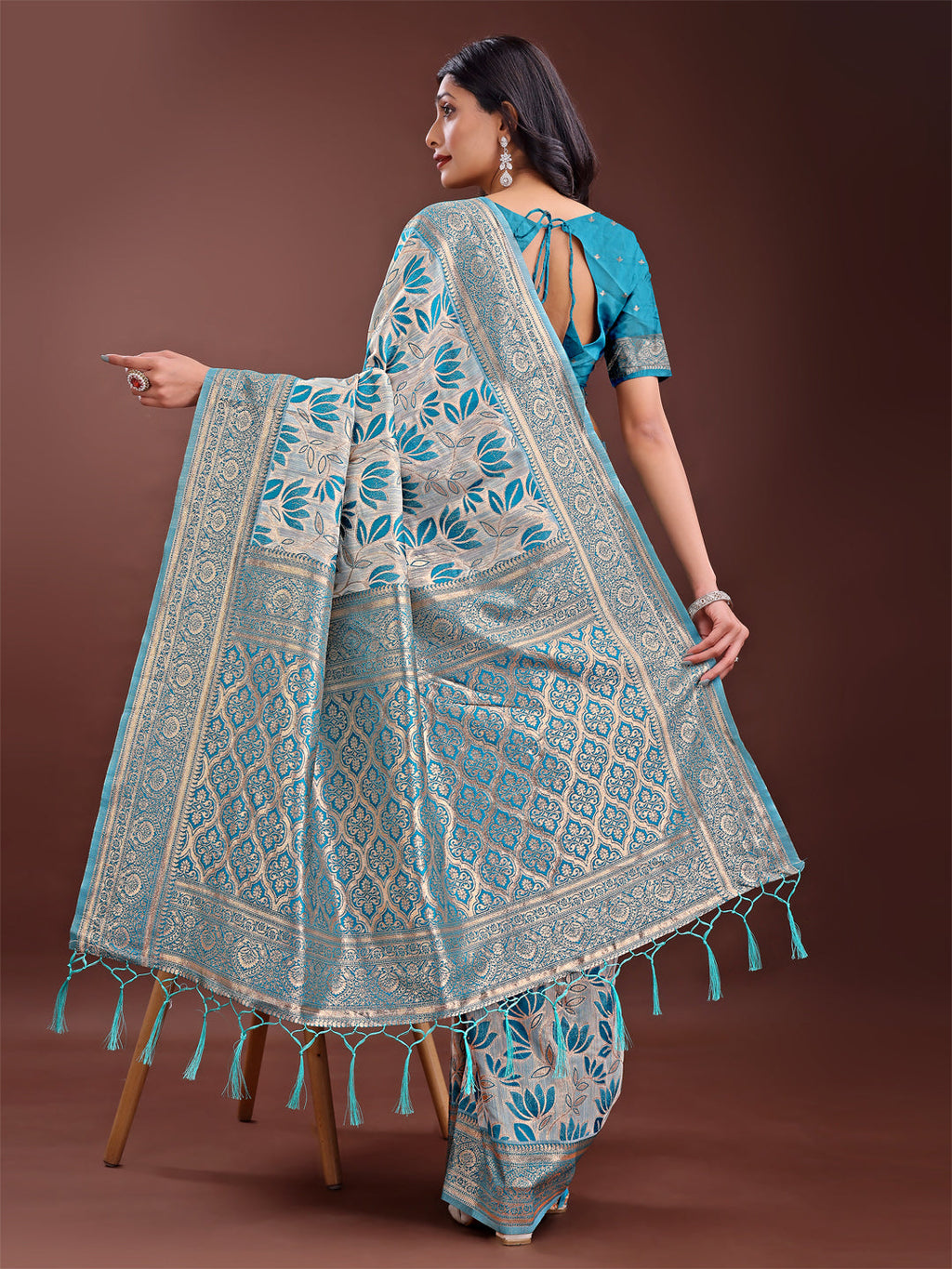 Beige & Sea Green Linen Saree with Floral Print & Zari