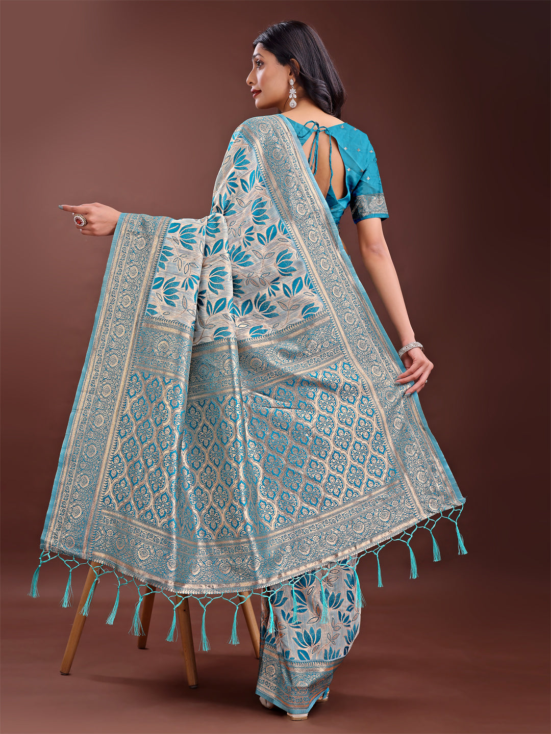 Beige & Sea Green Linen Saree with Floral Print & Zari