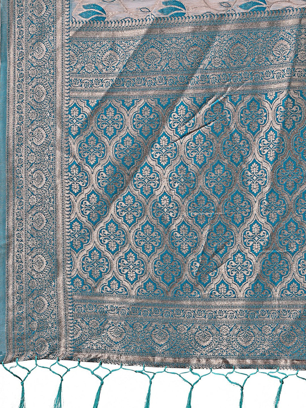 Beige & Sea Green Linen Saree with Floral Print & Zari