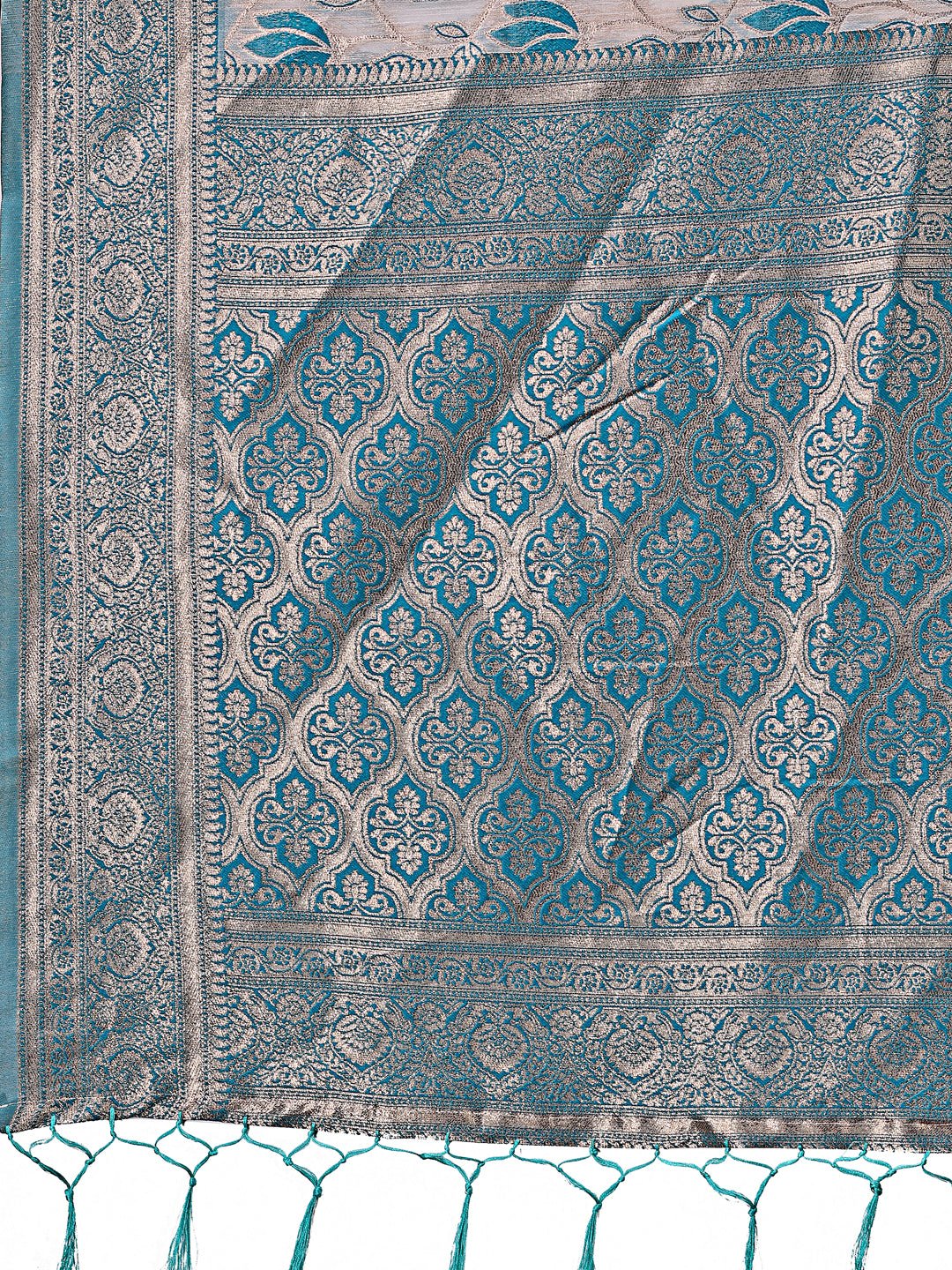 Beige & Sea Green Linen Saree with Floral Print & Zari