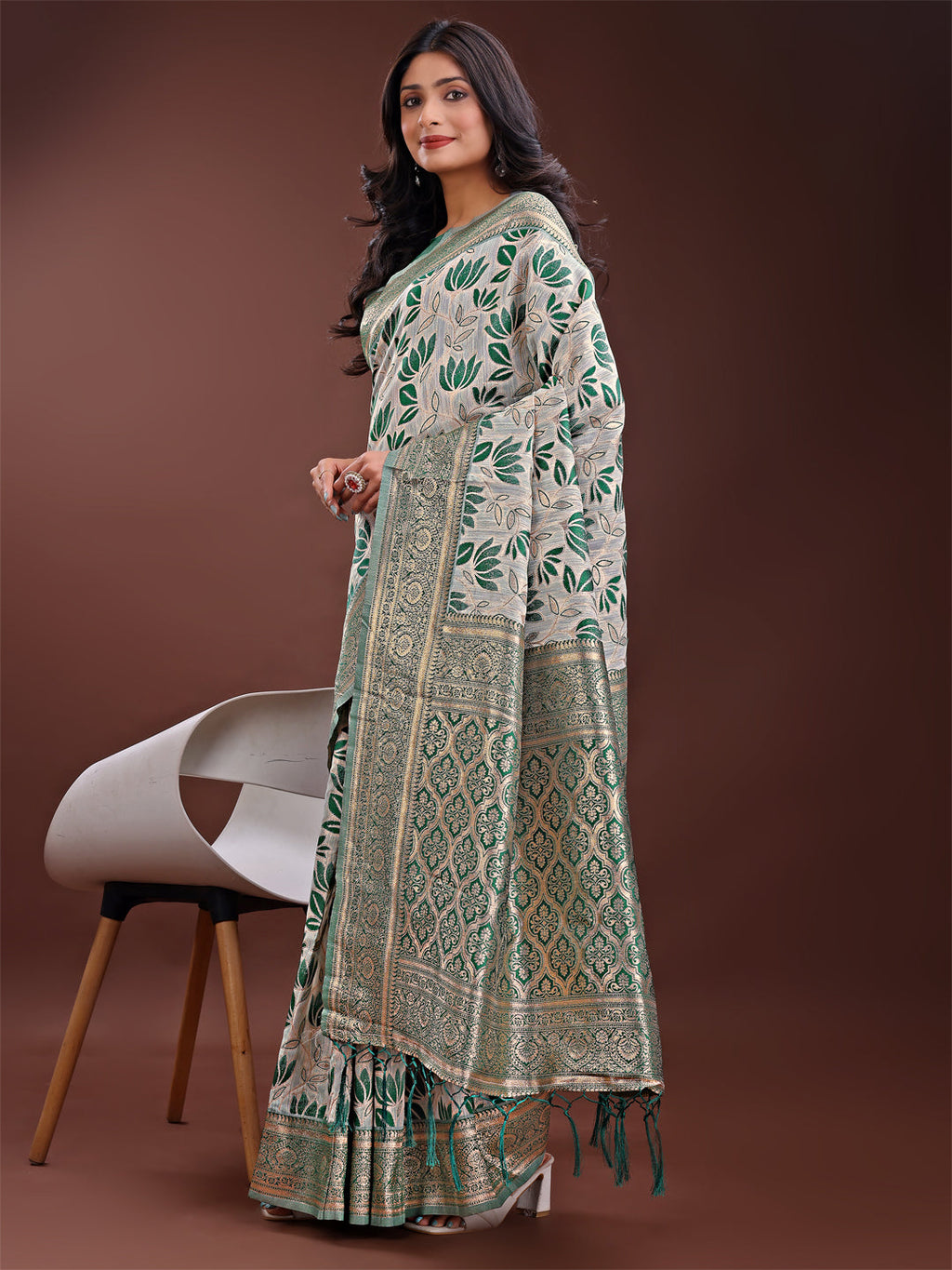 Beige and Green Linen Saree with Floral Print and Zari Pallu