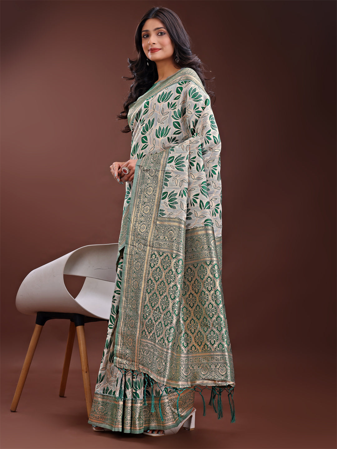 Beige and Green Linen Saree with Floral Print and Zari Pallu